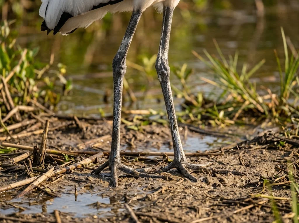Close-up of wood stork legs showing white urate deposits from natural evaporative cooling.