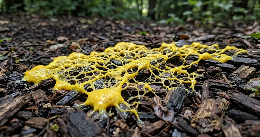 Bright yellow dog vomit slime mold in mulch, forming a foamy-looking mass on damp wood chips in a garden bed.