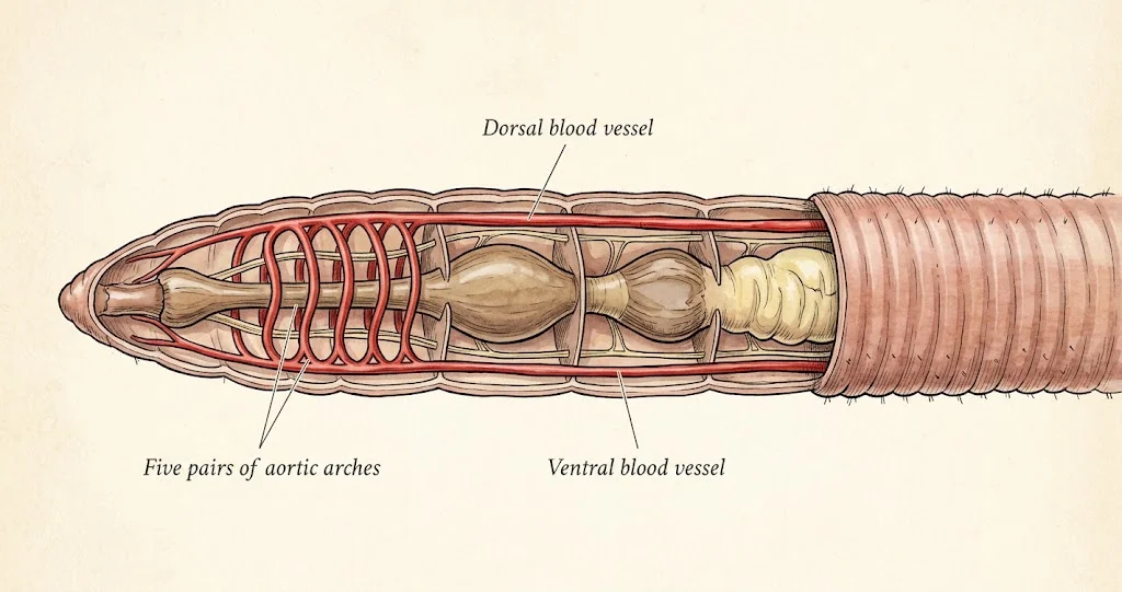 Earthworm anatomy cutaway showing five pairs of aortic arches connecting the dorsal and ventral blood vessels.
