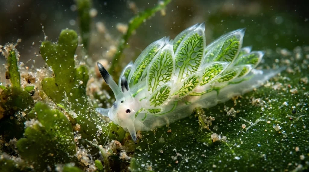 Sea slug with stolen chloroplasts from algae illustrating kleptoplasty and photosynthesis in sacoglossan sea slugs.