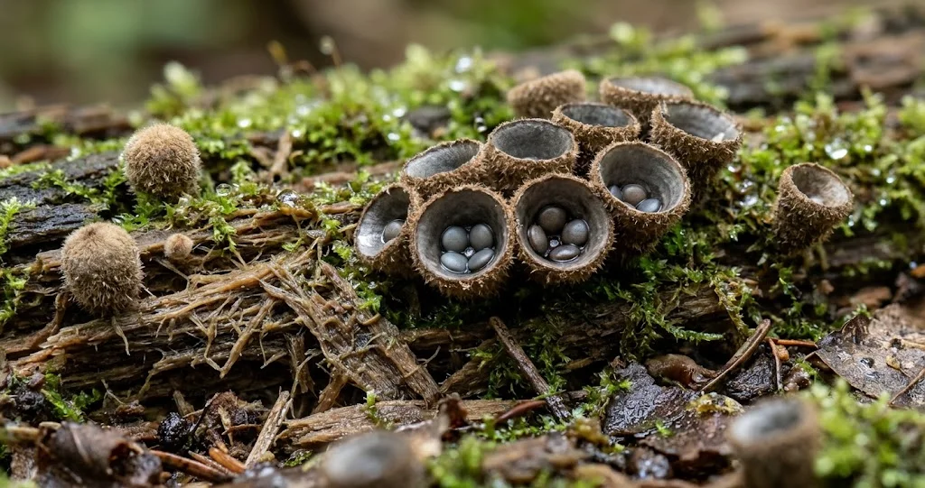 Tiny bird's nest fungi containing egg-shaped spore packets on dead wood