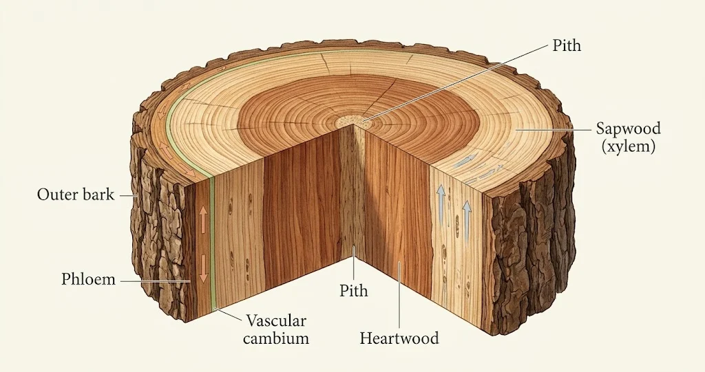 Tree trunk anatomy diagram identifying outer bark, phloem, vascular cambium, sapwood, heartwood, and central pith.