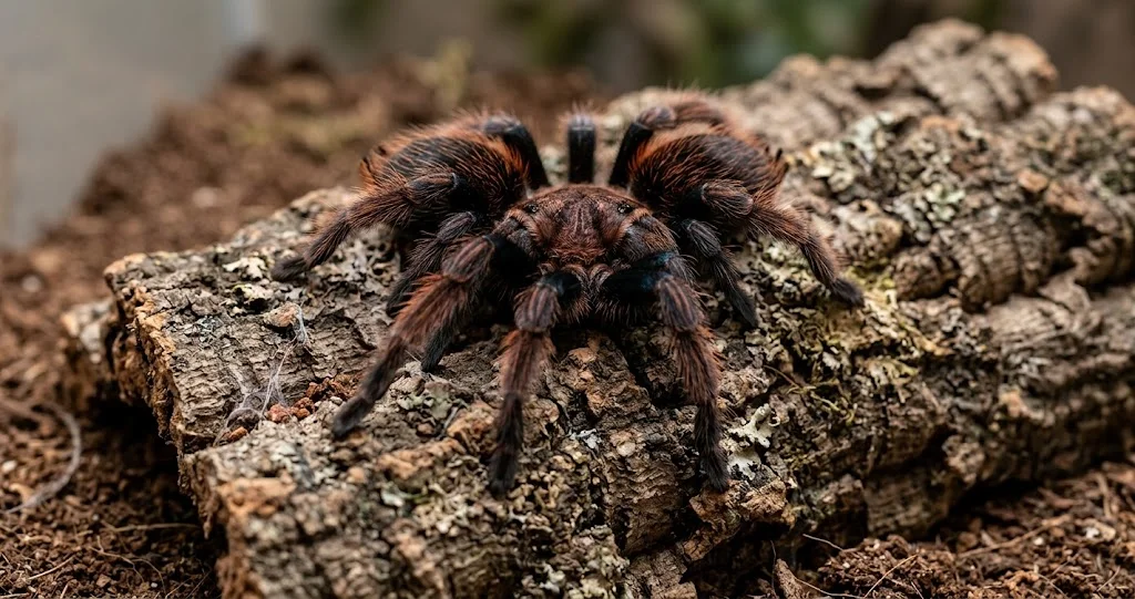 Close-up of a large, hairy brown tarantula resting on rough tree bark, showing its eight legs and detailed body structure in a natural woodland setting.