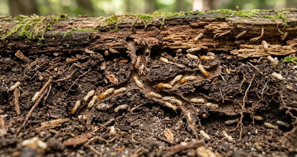 Scientific cross-section of termite tunnels beneath forest soil showing galleries, plant roots, and organic matter.