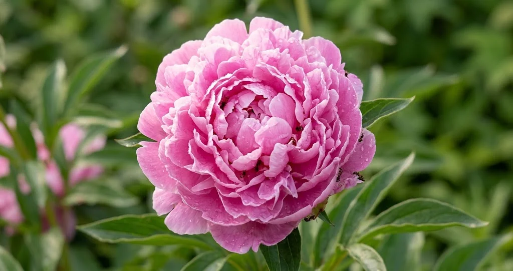 Healthy pink peony flowers blooming in a spring garden, illustrating that peonies open naturally without ants.
