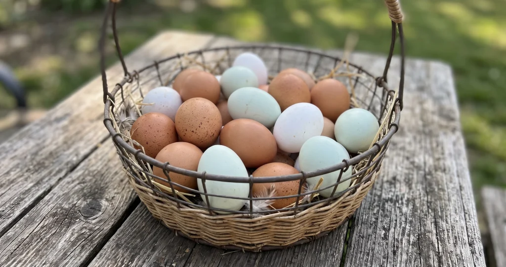 Basket of fresh backyard chicken eggs in natural brown, white, and pale blue-green colors, resting on straw in a rustic wire basket on a wooden table, illustrating eggshell color variations among chicken breeds.