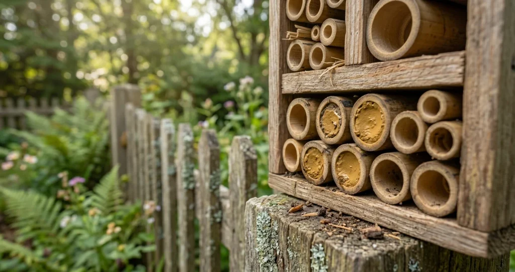Mason bee nest construction showing a female mason bee carrying pollen into a hollow nesting tube beside spring flowers.