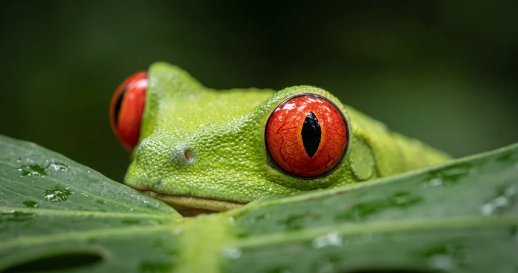 Red-eyed tree frog resting on a green rainforest leaf with bright red eyes, orange feet and blue sides visible.
