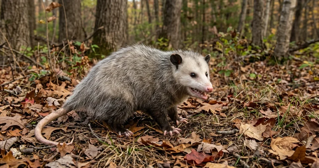 Virginia opossum showing its teeth and opening its mouth defensively while standing among fallen leaves.