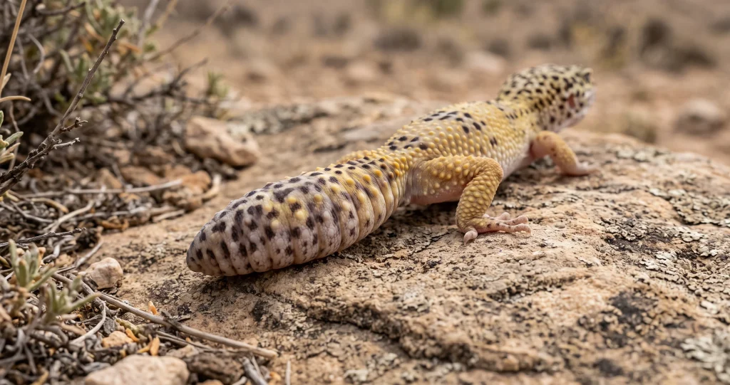 Healthy leopard gecko with a thick fat-storing tail showing an important survival adaptation.