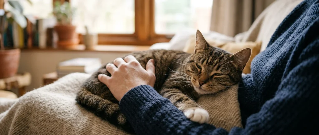 Brown tabby cat resting comfortably on its owner's lap, displaying relaxed feline body language and contentment associated with purring behavior.