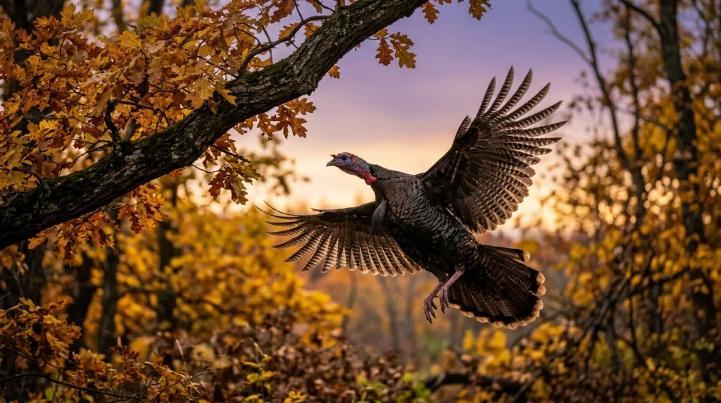 wild turkeys sleeping in trees on high branches of mature oak trees at dusk in an American woodland.