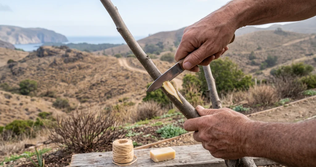 Grafting fruit trees with a whip-and-tongue graft by joining compatible apple scion wood to similar-sized rootstock.