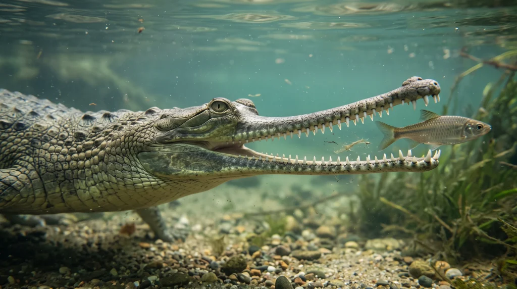 Gharial using its slender jaws to catch fish underwater in a natural freshwater river habitat.