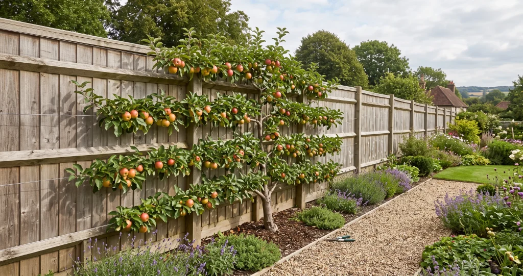 Mature apple tree created through espalier fruit tree training with several horizontal tiers growing flat against a garden wall.