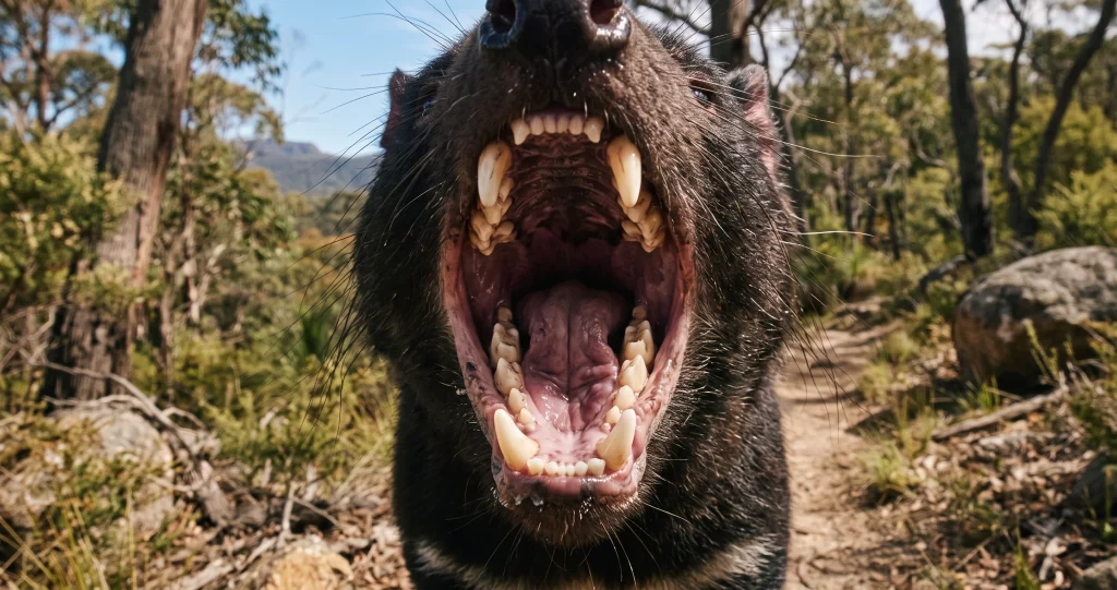 Tasmanian devil bite force anatomy showing its powerful jaws, robust skull, and bone-crushing teeth.