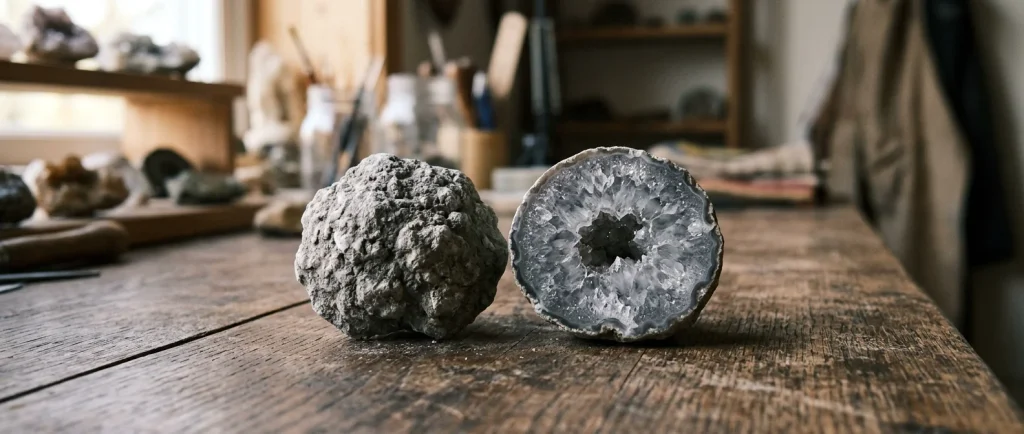 Natural geode broken open to reveal sparkling quartz crystals growing inside a rough rock.