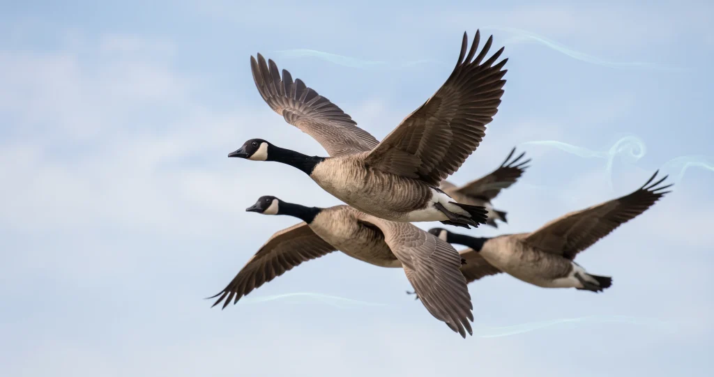 Scientific illustration showing wingtip vortices, upwash, and downwash behind a flying goose, explaining why birds fly in a V formation.