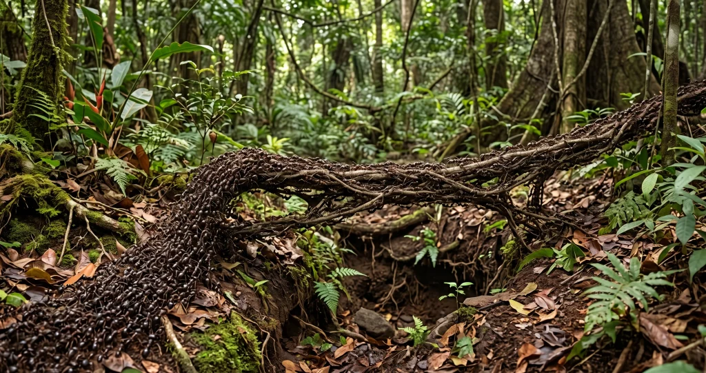 Army ants linking their bodies into a living bridge across a forest-floor gap while hundreds of workers travel over them.