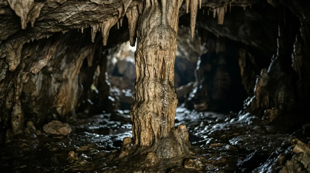How stalactites form inside a limestone cave with hanging mineral formations and stalagmites rising from the floor.