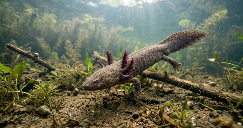 mudpuppy external gills used for underwater respiration.