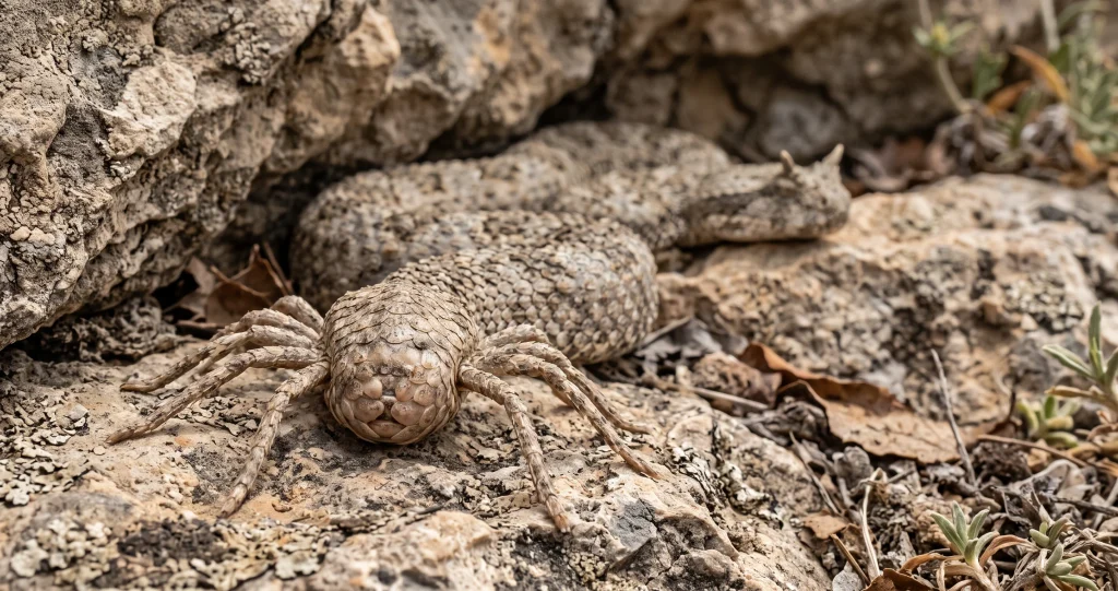 Close-up of a spider-tailed horned viper in its rocky Iranian habitat, displaying its unusual spider-like tail lure, one of nature's most remarkable snake tail adaptations used to attract birds.
