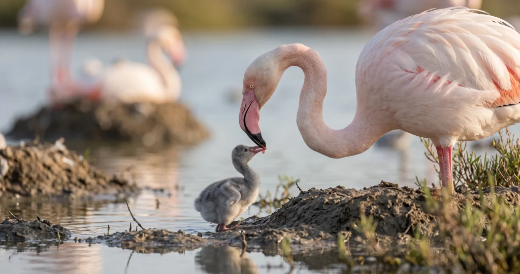 Flamingo crop milk feeding behavior showing an adult flamingo nourishing its gray chick with a specialized reddish secretion.