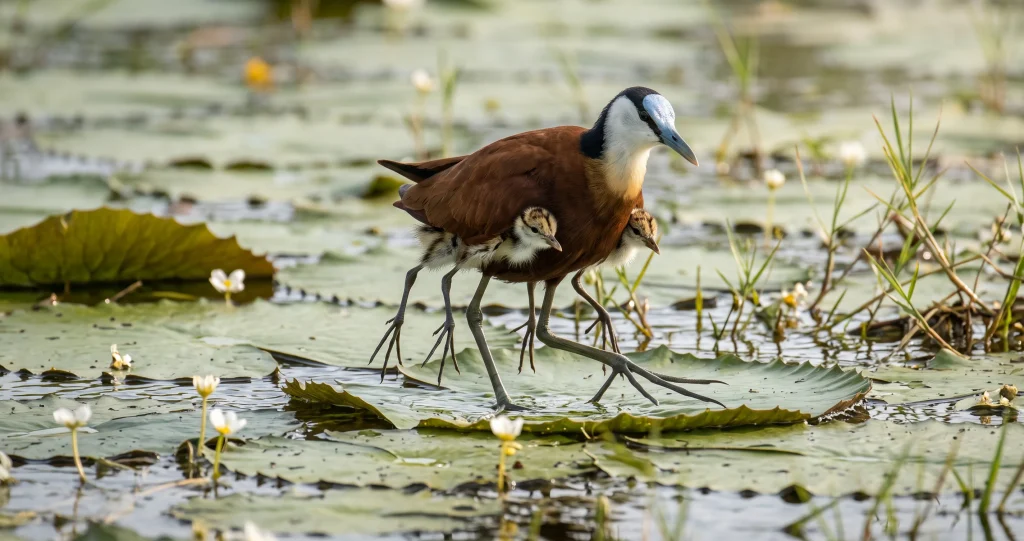 Male African jacana carrying chicks beneath its wings, creating the illusion of extra legs.