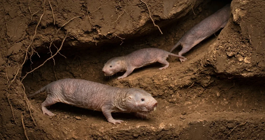 Three naked mole-rats exploring an interconnected underground tunnel system in their natural East African habitat.