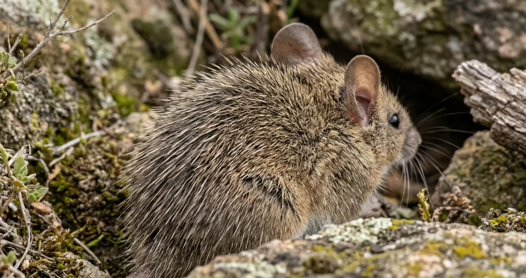 African spiny mouse with distinctive spiny fur, a mammal known for skin regeneration and unusual wound healing.