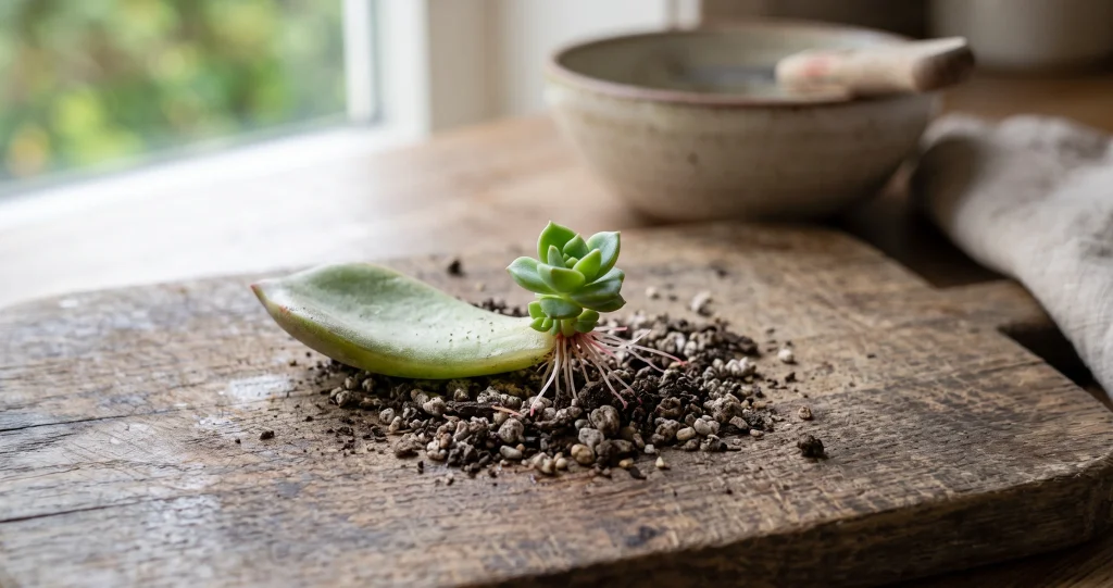 Propagating succulents leaf cuttings with roots and a new plantlet growing from a single leaf.