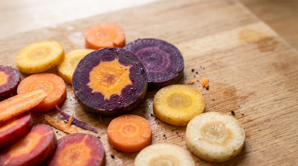 Carrot colors in orange, purple, yellow, red, and white varieties.