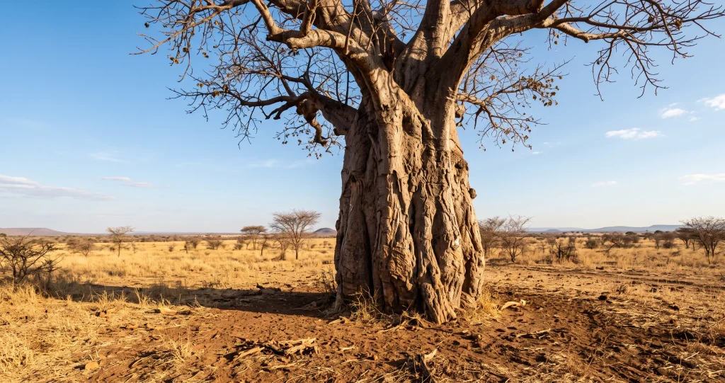 Massive African baobab tree with swollen water-storing trunk standing in a dry savanna during the dry season.