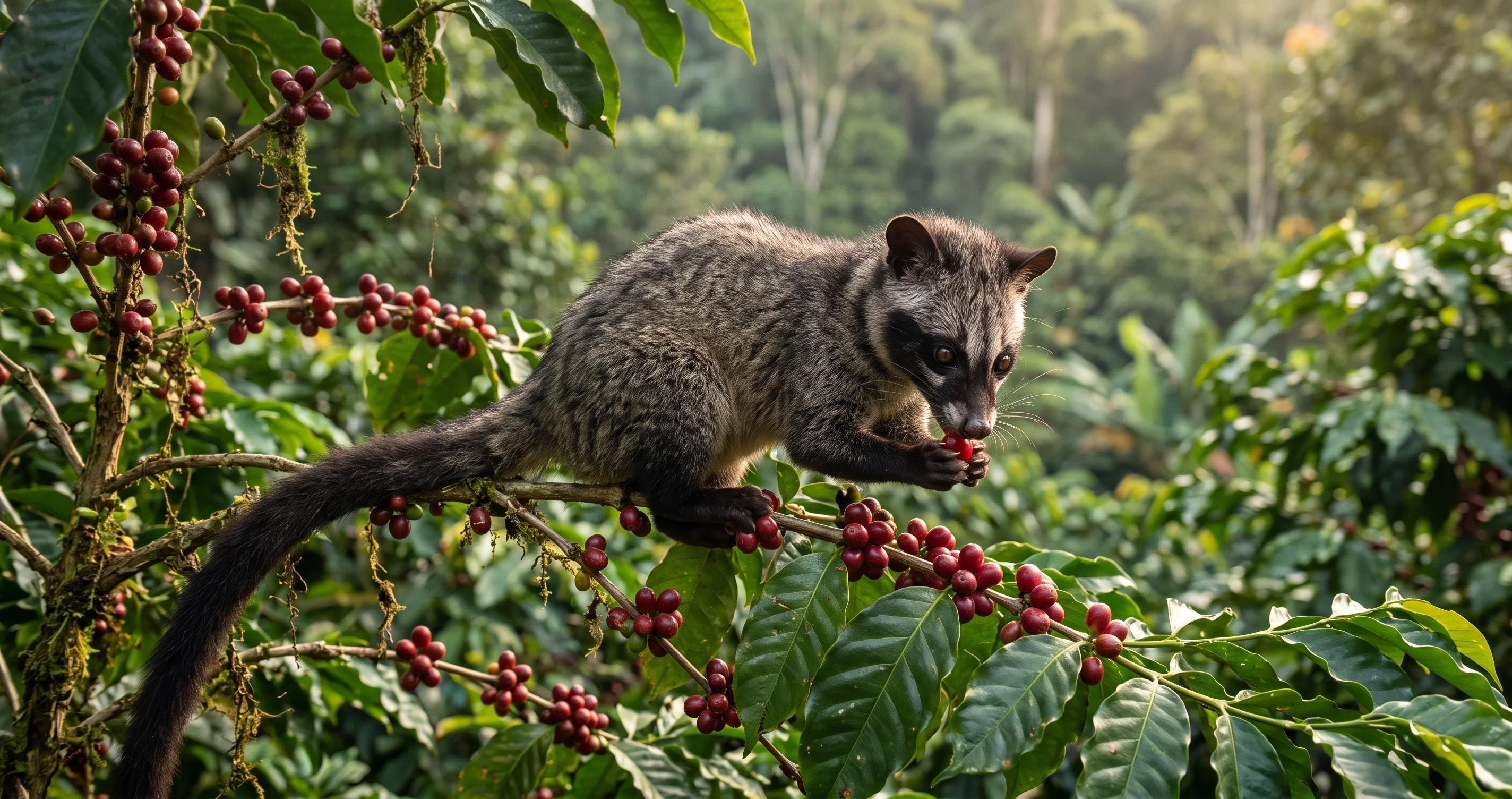 Asian palm civet eating ripe coffee cherries on a tropical coffee plant, the animal associated with Kopi Luwak coffee.