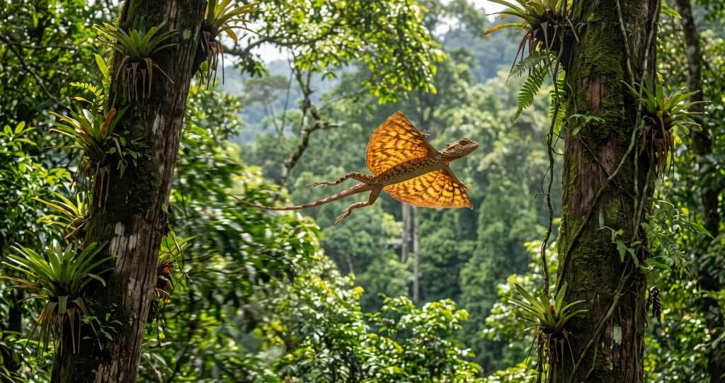 Draco lizard gliding ribs supporting an expanded patagium as the lizard glides between rainforest trees.