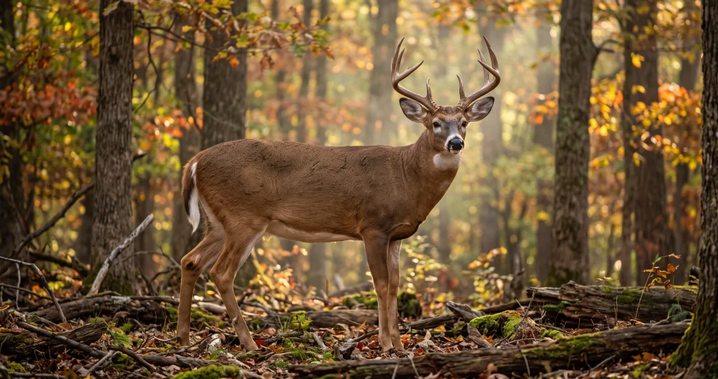 Deer anatomy adaptations showing a white-tailed buck raising its white tail as a visible alarm signal in a forest.