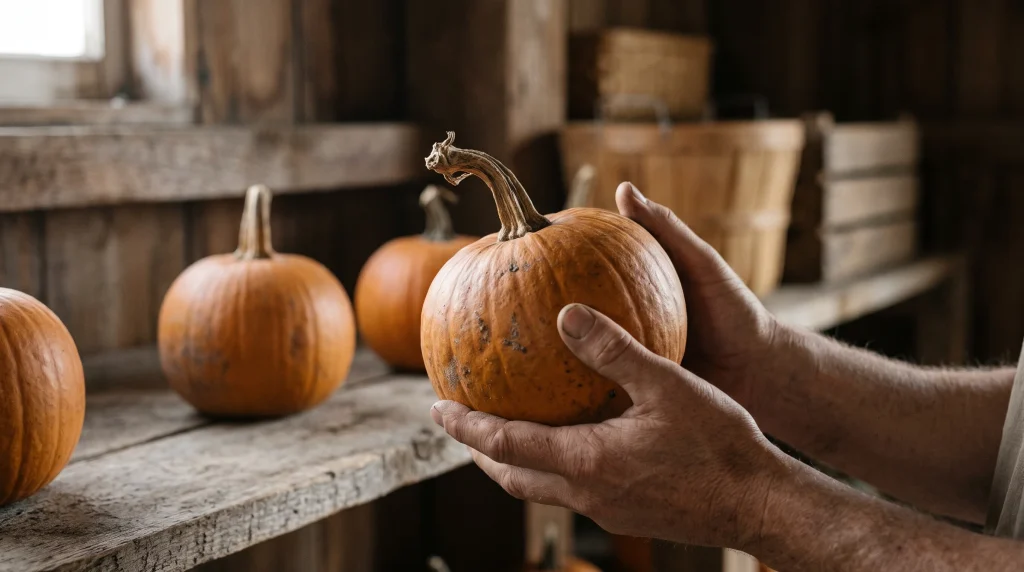 Freshly harvested sugar pie pumpkins curing on a dry wooden rack in a warm, ventilated garden shed.