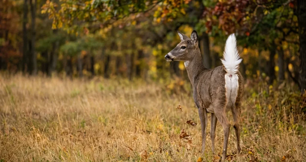 Close-up of a white-tailed deer raising its tail and revealing the white underside during an alert posture.