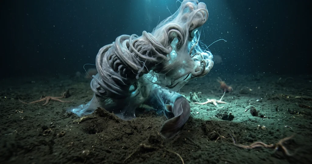 Hagfish releasing defensive slime into seawater as a predatory fish attempts to bite it, illustrating hagfish slime defense.