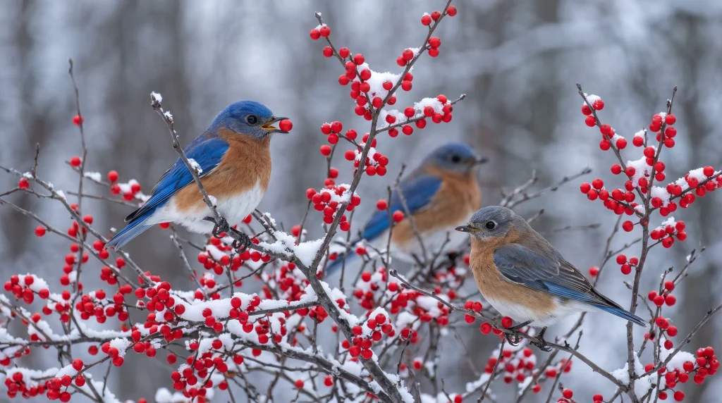 Eastern Bluebirds feeding on red winterberry holly fruits among snow-covered branches.