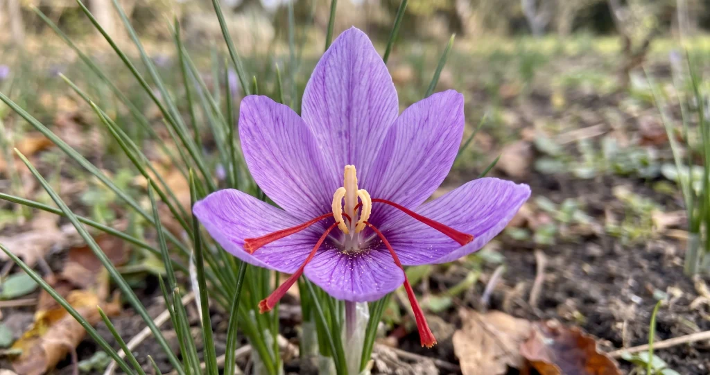 a purple saffron crocus flower with red stigmas in close-up
