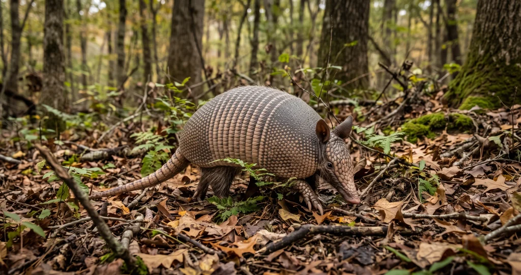 Armadillo quadruplets exploring the ground beside their nine-banded armadillo mother near a woodland burrow.