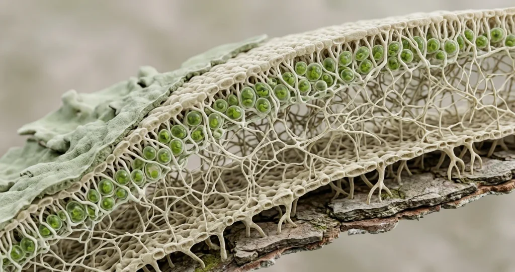 The internal structure of a foliose lichen, revealing the relationship between fungal tissue and photosynthetic algal cells.