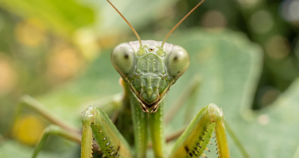 Praying mantis cannibalistic mating showing a male cautiously approaching a larger female.