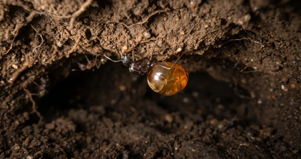 Macro photograph of a honeypot ant replete with a swollen amber-colored abdomen, showing the flexible abdominal membranes used for food storage.