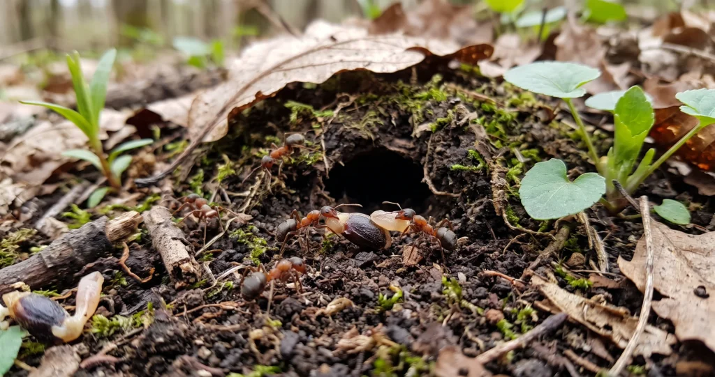 How ants disperse wildflower seeds by carrying elaiosome-bearing seeds across woodland soil toward their underground nests.