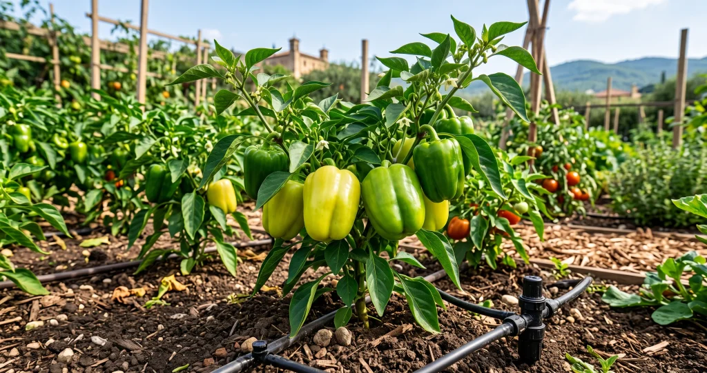 Blossom end rot peppers compared with healthy peppers growing in evenly watered soil protected by organic mulch.