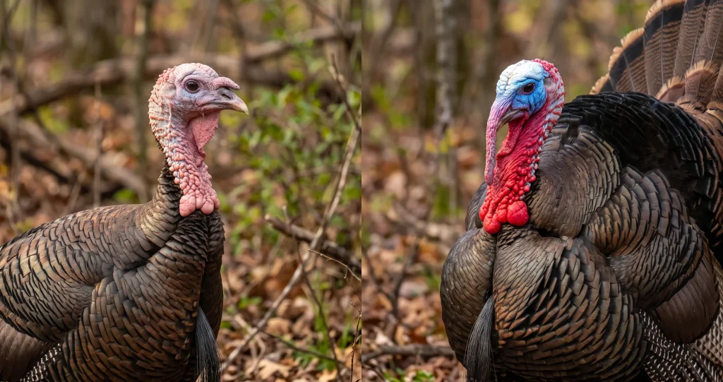 Realistic comparison of wild turkey facial colors during resting and courtship displays.