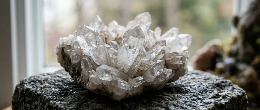 Eight minerals including quartz, feldspar, mica, calcite, gypsum, halite, hematite, and magnetite.
