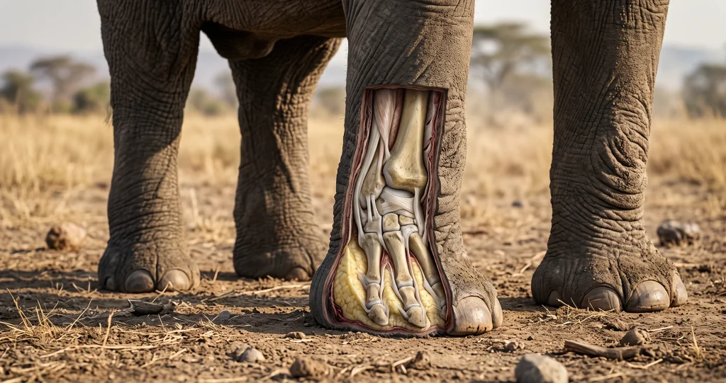 Elephant foot anatomy showing toe bones, connective tissues, and the thick internal cushioning pad.